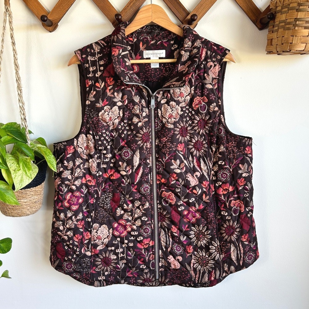 Christopher & Banks XL Brown Quilted Puffer Woodland Animal Floral Full Zip Vest